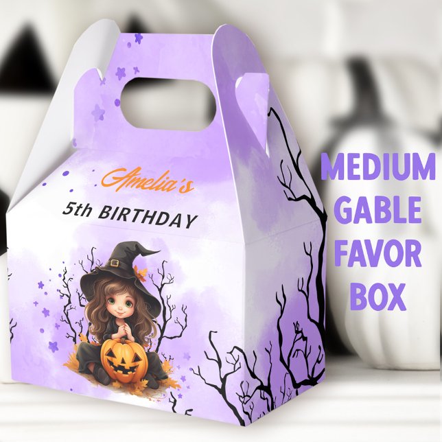 Halloween Birthday Cute Little Witch Medium Gable Favour Box (Little Witch Medium Gable Favor Boxes - You can choose from 3 sizes of these gable favor boxes)