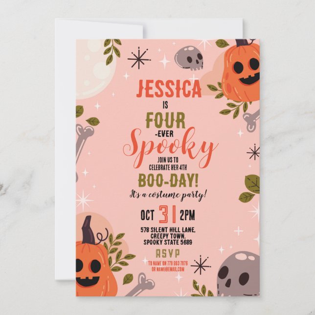 Halloween Birthday FOURever 4th Girls Party Ghosts Invitation (Front)