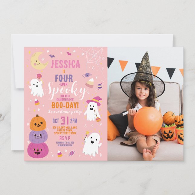 Halloween Birthday FOURever 4th Girls Party Photo Invitation (Front)
