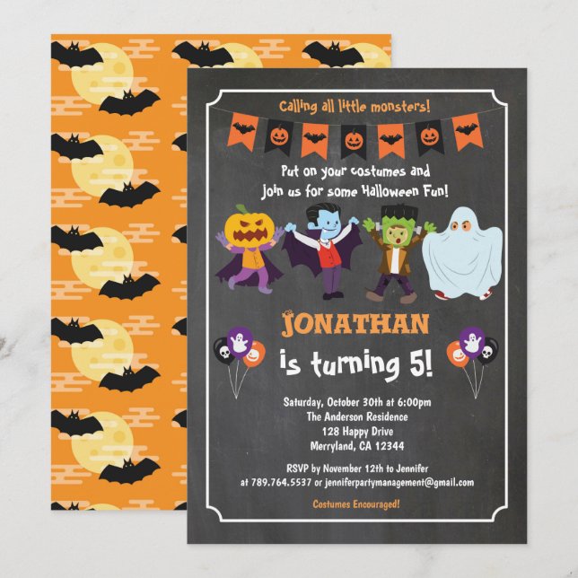 Halloween birthday invitation for kid chalkboard (Front/Back)