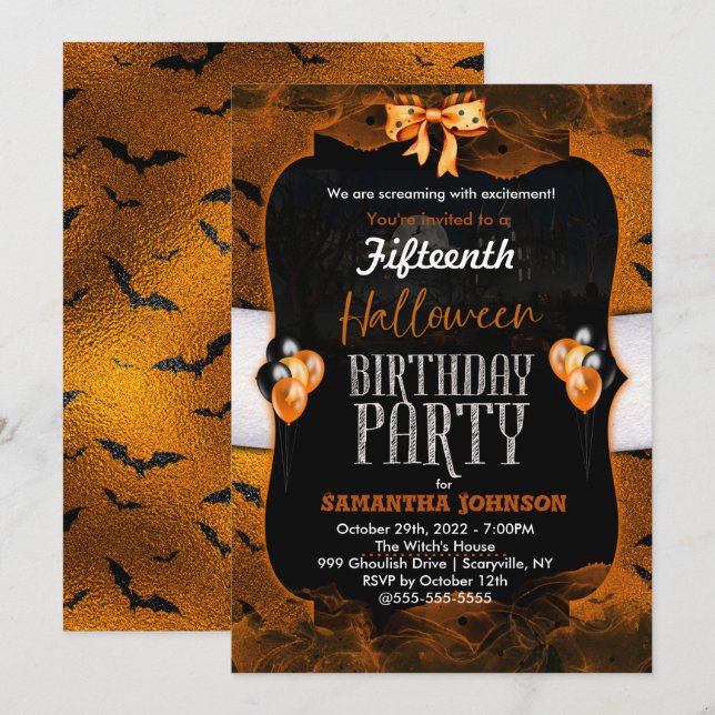 Halloween Birthday Invitation with bats (Front/Back)
