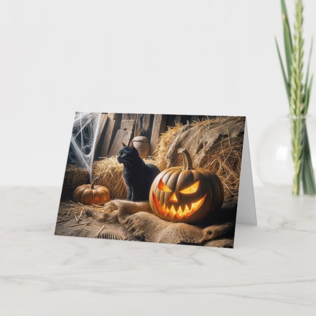 Halloween Birthday Jack-o-Lantern and Barn Cat Card (Front)