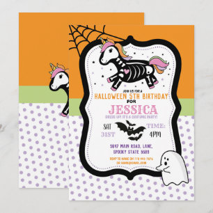 Halloween Birthday Kids Unicorn Skeleton Bats Invitation