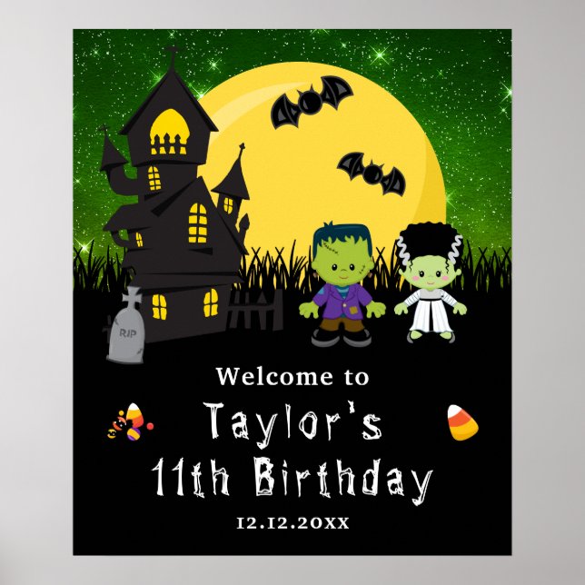 Halloween Birthday Monsters Green Welcome Sign (Front)