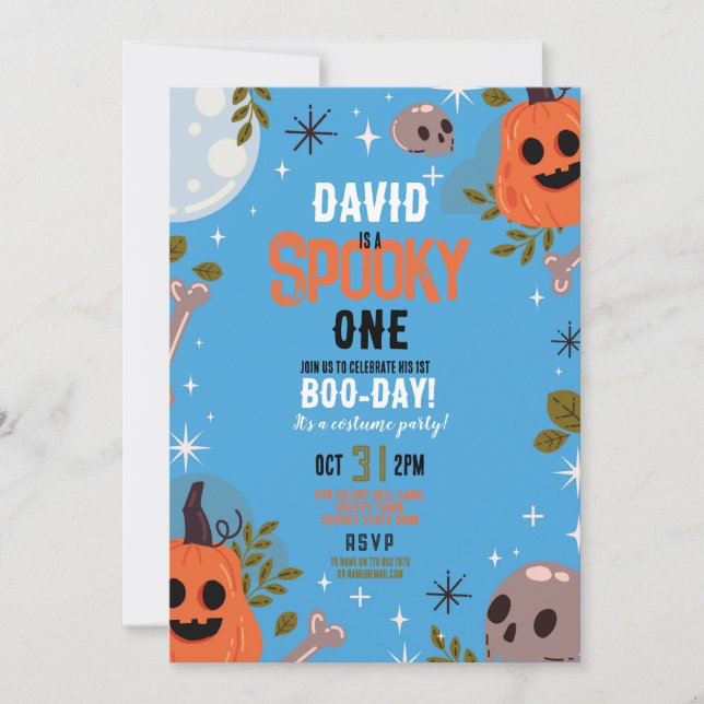 Halloween Birthday ONE Boys Blue Party Pumpkin 1st Invitation (Front)
