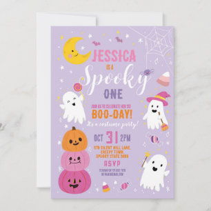 Halloween Birthday ONE Girls Party Ghosts Purple Invitation