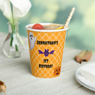 Halloween Birthday Paper Cups w. Ghost Pumpkin Bat