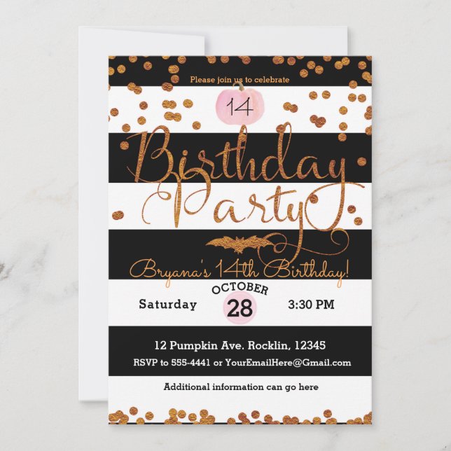 Halloween Birthday Party Black White Pink Orange Invitation (Front)
