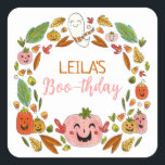 Halloween Birthday Party Favour Square Sticker<br><div class="desc">Are you celebrating a Halloween birthday this year and want a sweet, not spooky, illustrated theme for your party? These extra cute and colourful Halloween themed thank you stickers feature hand drawn festive fun! A wreath of jack o lanterns, autumn leaves, and a happy ghost surrounds your customisable details of...</div>
