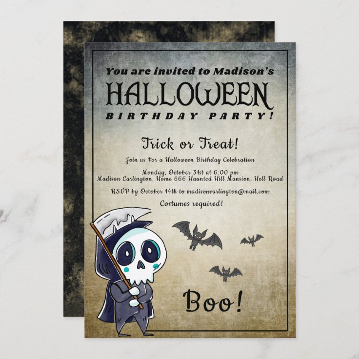 Halloween Birthday Party Grim Reaper Invitation | Zazzle