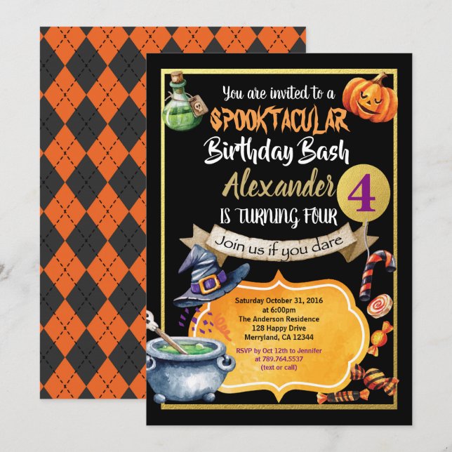 Halloween birthday party invitation for kid (Front/Back)