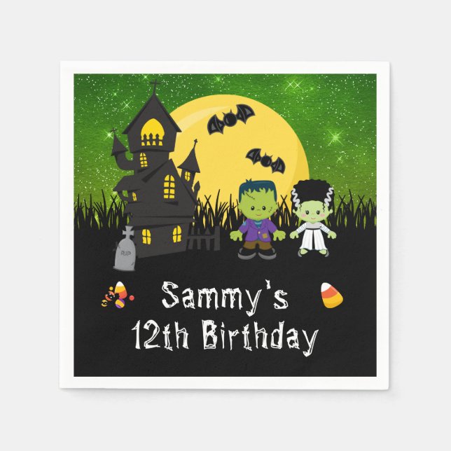 Halloween Birthday Party Monsters Green Napkin (Front)
