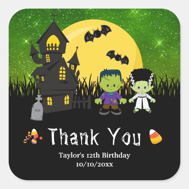 Halloween Birthday Party Monsters Green Square Sticker (Front)