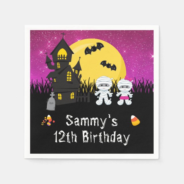 Halloween Birthday Party Mummy Pink Napkin (Front)