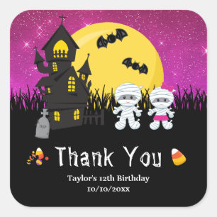 Halloween Birthday Party Mummy Pink Square Sticker