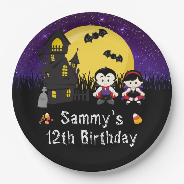 Halloween Birthday Party Vampires Purple Paper Plate (Front)