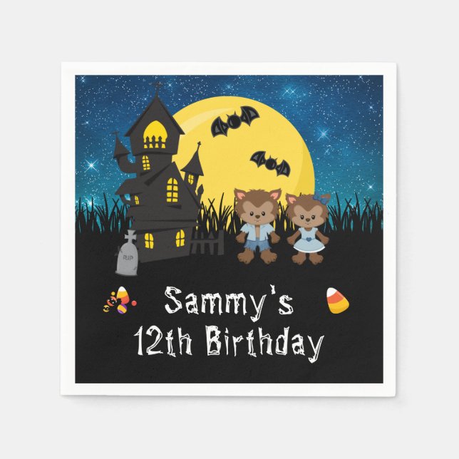Halloween Birthday Party Werewolf Blue Napkin (Front)