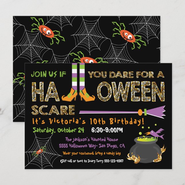 Halloween Birthday Party witch & cauldron Invitation (Front/Back)