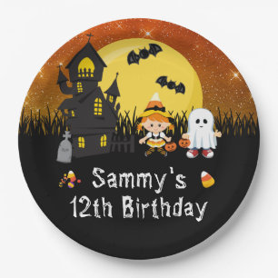 Halloween Birthday Party Witch Ghost Orange Paper Plate