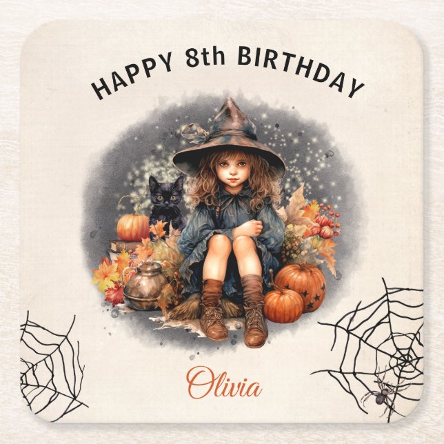 Halloween Birthday Party Witch Paper Coaster (Front)