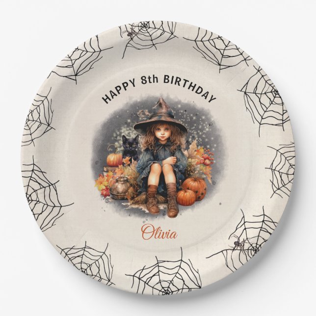 Halloween Birthday Party Witch Paper Plates (Front)