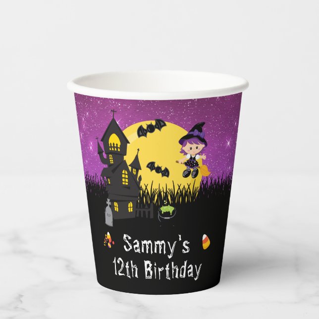 Halloween Birthday Party Witch Purple Paper Cups (Front)