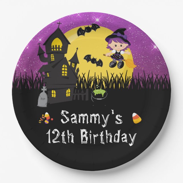Halloween Birthday Party Witch Purple Paper Plate (Front)