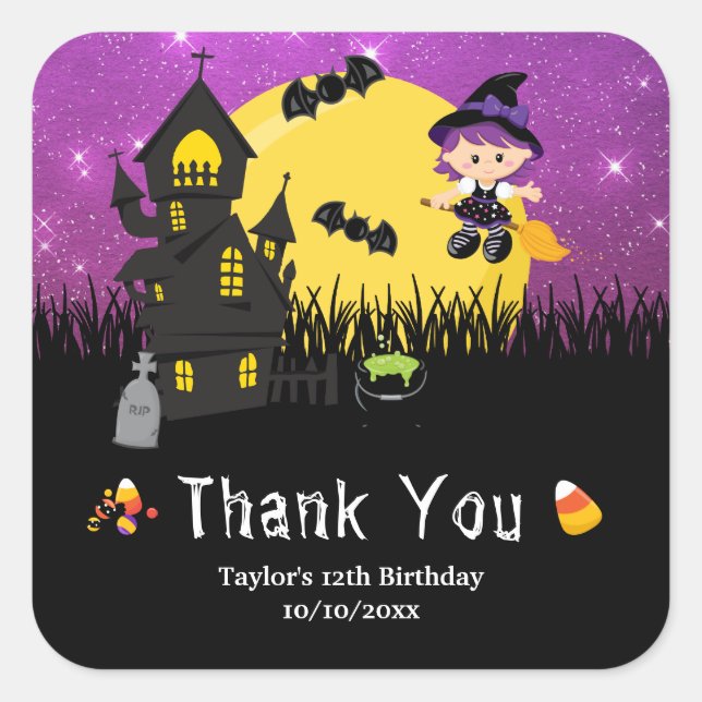 Halloween Birthday Party Witch Purple Square Sticker (Front)
