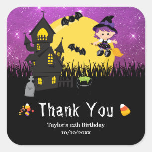 Halloween Birthday Party Witch Purple Square Sticker
