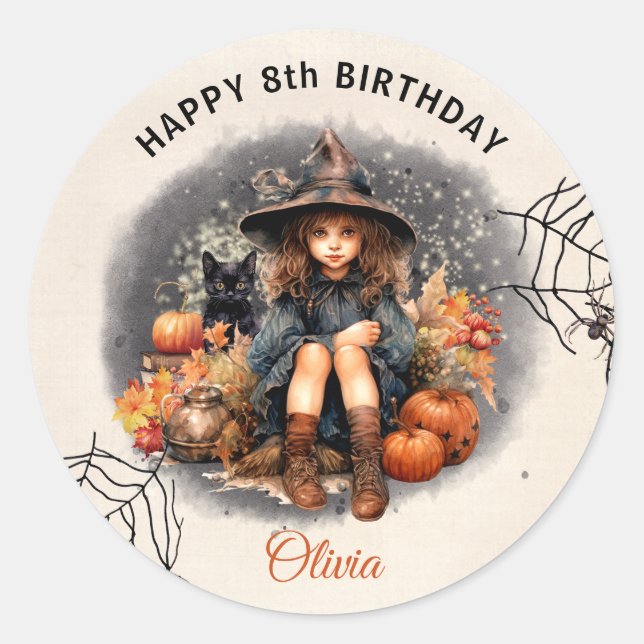 Halloween Birthday Party Witch Round Sticker (Front)