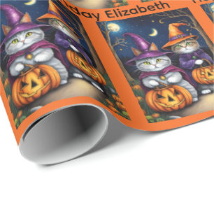 Halloween Birthday Personalise Name Cat Witches Wrapping Paper