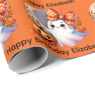 Halloween Birthday Personalise Name Girly Ghost Wrapping Paper