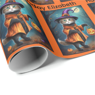 Halloween Birthday Personalise Name Witch Cat Wrapping Paper