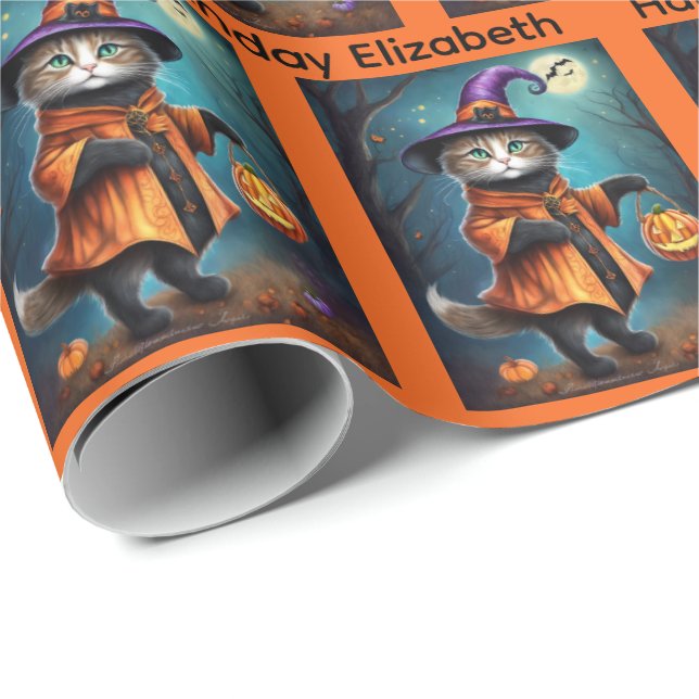 Halloween Birthday Personalise Name Witch Cat Wrapping Paper (Roll Corner)