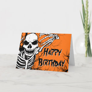 Halloween Birthday Skeleton Spooky Orange Black Card