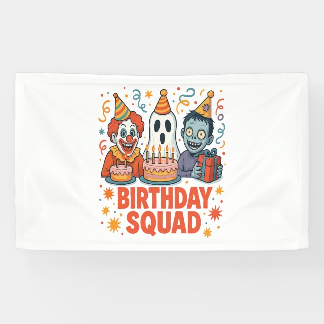 Halloween Birthday Squad Creepy Clown Ghost Zombie Banner (Horizontal)