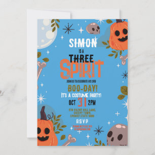 Halloween Birthday THREE Boys Party Ghosts Blue 3 Invitation