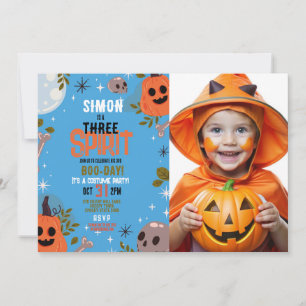 Halloween Birthday THREE Boys Party Photo Blue 3 Invitation