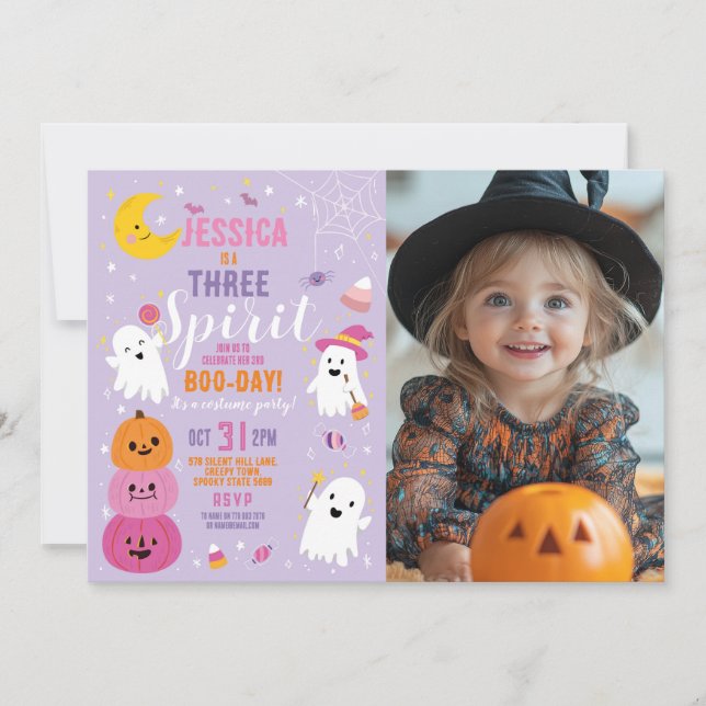 Halloween Birthday THREE Girls Party Ghosts Photo Invitation (Front)