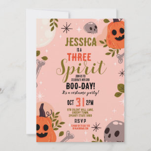 Halloween Birthday THREE Girls Party Ghosts Pink Invitation