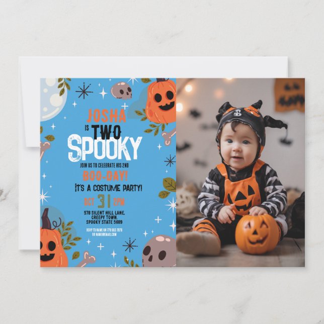 Halloween Birthday TWO Boys Party Photo Blue  Invitation (Front)