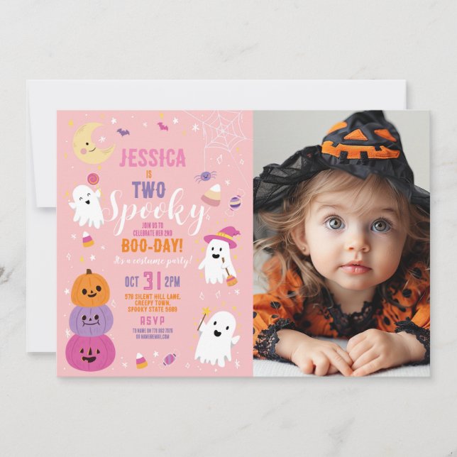 Halloween Birthday TWO Girls Party Ghosts Pumpkin Invitation (Front)