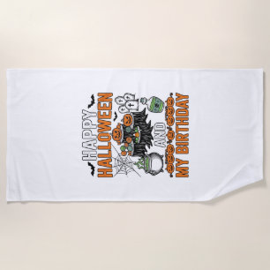 Halloween Birthday Vintage Pumpkin Party Design_1 Beach Towel