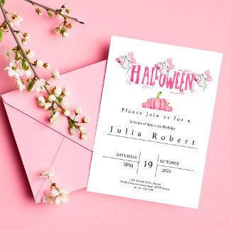 Halloween Birthday watercolor pink ghost pumpkin Invitation