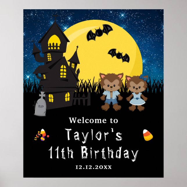 Halloween Birthday Werewolfs Blue Welcome Sign (Front)