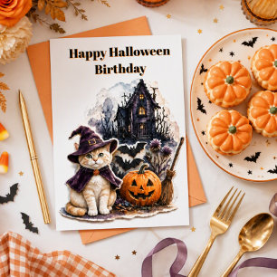Halloween Birthday Witch Cat Greeting Card
