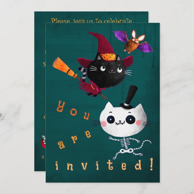Halloween Birthday Witch Cats Bat Vampire Skeleton Invitation (Front/Back)