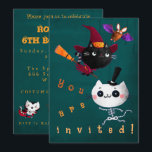 Halloween Birthday Witch Cats Bat Vampire Skeleton Invitation<br><div class="desc">It's so cool to have your birthday on Halloween! Trick or Treat! Cute Halloween kids birthday invitation design with black kitten in witch hat flying on a broom, funny bat, vampire, zombie, running skeleton cat in a black top hat, boiling kettle with bones, and other seasonal elements. Orange typography text....</div>