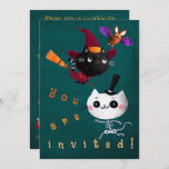 Halloween Birthday Witch Cats Bat Vampire Skeleton Invitation<br><div class="desc">It's so cool to have your birthday on Halloween! Trick or Treat! Cute Halloween kids birthday invitation design with black kitten in witch hat flying on a broom, funny bat, vampire, zombie, running skeleton cat in a black top hat, boiling kettle with bones, and other seasonal elements. Orange typography text....</div>