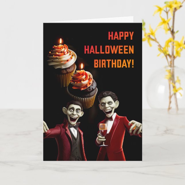 Halloween Birthday with Cupcakes and Ghouls  Card (Yellow Flower)